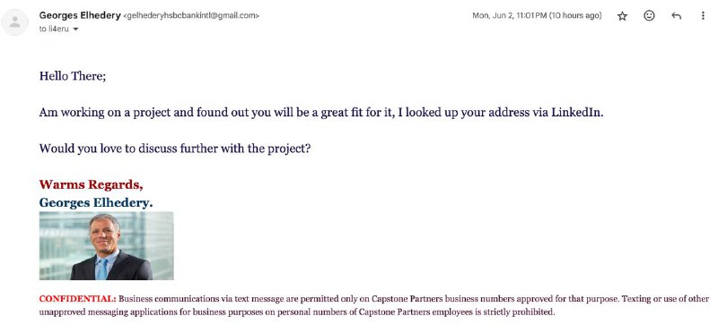 Окей, я пошел получать наследство от Фабиана Габдулхакова хаха. Чувак притворяется реальным человеком из банка, сайт по ссылке настоящий HSBC, но он пишет с фейкового gmail аккаунта gelhederyhsbcbankintl@gmail.comНе думал что такой скам еще жив, сначала я думал он работу просто предлагает...Окей, я пошел получать наследство от Фабиана Габдулхакова хаха. Чувак притворяется реальным человеком из банка, сайт по ссылке настоящий HSBC, но он пишет с фейкового gmail аккаунта gelhederyhsbcbankintl@gmail.comНе думал что такой скам еще жив, сначала я думал он работу просто предлагает...